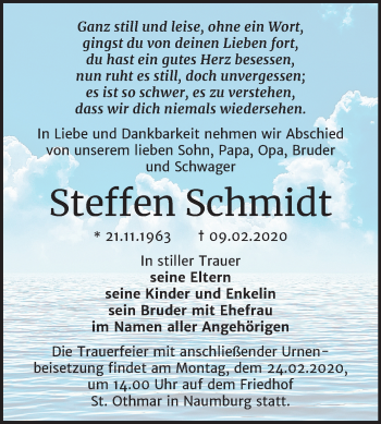 Traueranzeige von Steffen Schmidt von Wochenspiegel Naumburg/Nebra