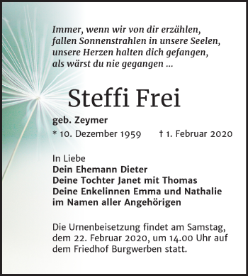 Traueranzeige von Steffi Frei von Mitteldeutsche Zeitung Weißenfels