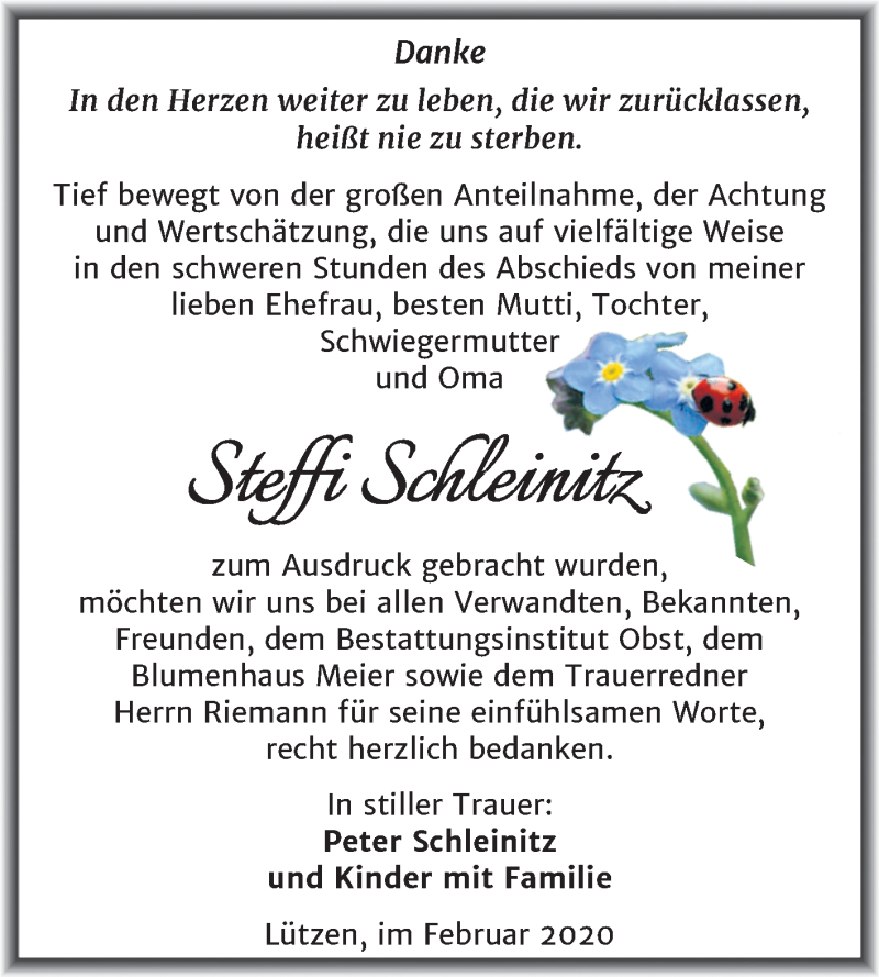  Traueranzeige für Steffi Schleinitz vom 29.02.2020 aus Super Sonntag Merseburg/Querfurt