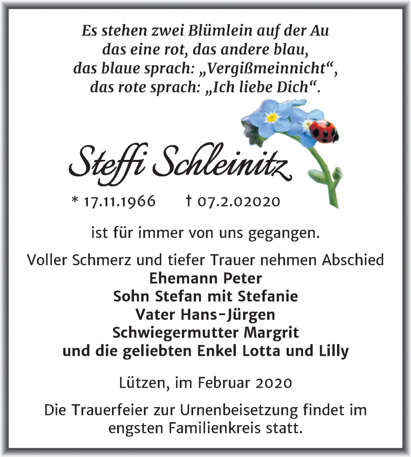  Traueranzeige für Steffi Schleinitz vom 19.02.2020 aus Wochenspiegel Weißenfels