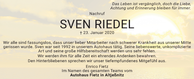  Traueranzeige für Sven Riedel vom 08.02.2020 aus Mitteldeutsche Zeitung Bitterfeld