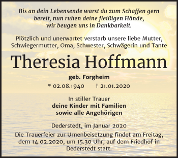 Traueranzeige von Theresia Hoffmann von Mitteldeutsche Zeitung Mansfelder Land