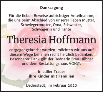 Traueranzeige von Theresia Hoffmann von Mitteldeutsche Zeitung Mansfelder Land