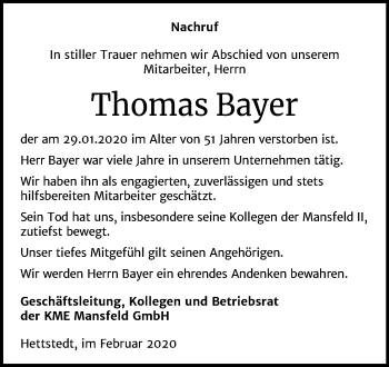 Traueranzeige von Thomas Bayer von Mitteldeutsche Zeitung Mansfelder Land