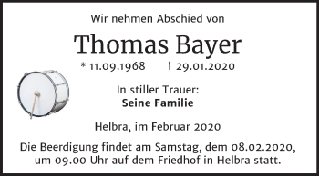 Traueranzeige von Thomas Bayer von Wochenspiegel Mansfelder Land