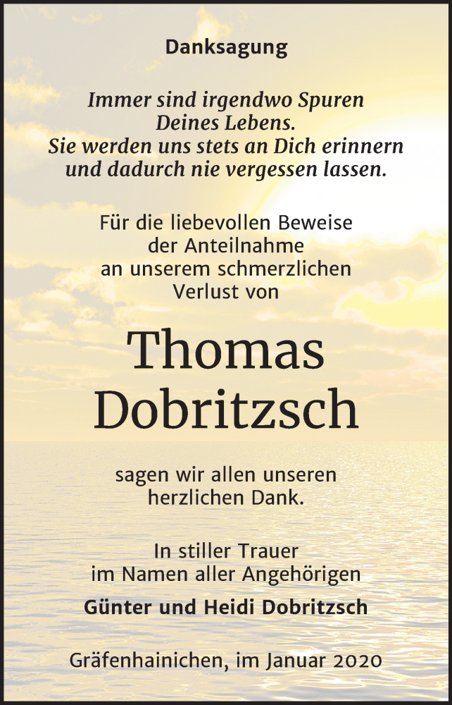  Traueranzeige für Thomas Dobritzsch vom 01.02.2020 aus Mitteldeutsche Zeitung Wittenberg