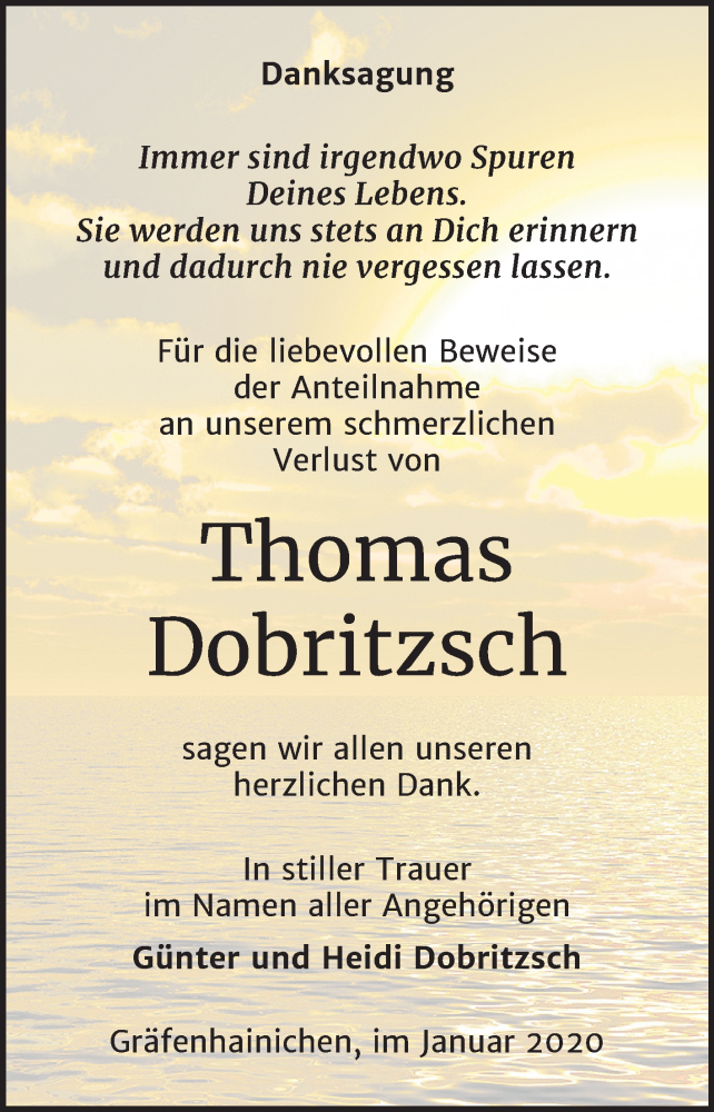  Traueranzeige für Thomas Dobritzsch vom 01.02.2020 aus Mitteldeutsche Zeitung Bitterfeld