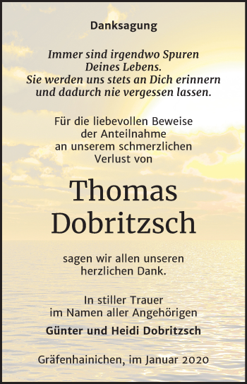 Traueranzeige von Thomas Dobritzsch von Mitteldeutsche Zeitung Bitterfeld