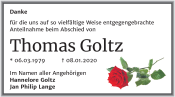 Traueranzeige von Thomas Goltz von Mitteldeutsche Zeitung Quedlinburg