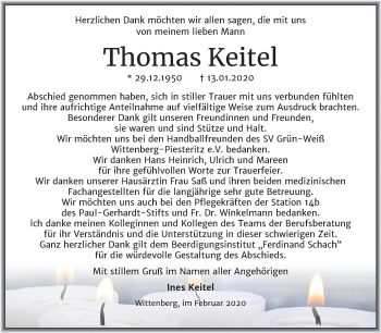 Traueranzeige von Thomas Keitel von Super Sonntag Wittenberg
