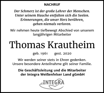 Traueranzeige von Thomas Krautheim von Wochenspiegel Weißenfels