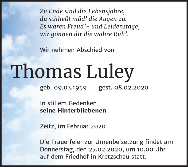  Traueranzeige für Thomas Luley vom 15.02.2020 aus Mitteldeutsche Zeitung Zeitz