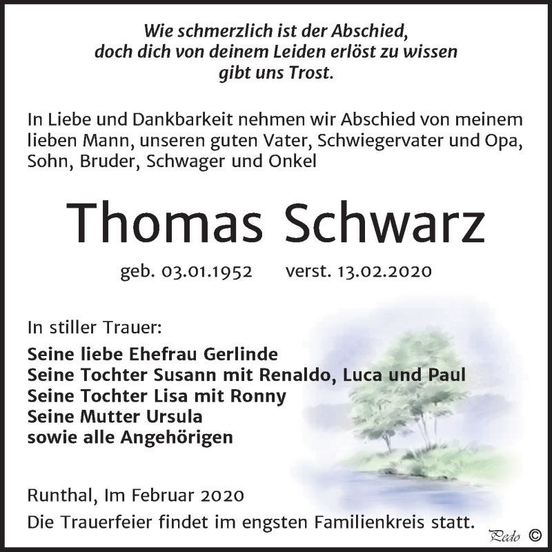  Traueranzeige für Thomas Schwarz vom 15.02.2020 aus Mitteldeutsche Zeitung Weißenfels