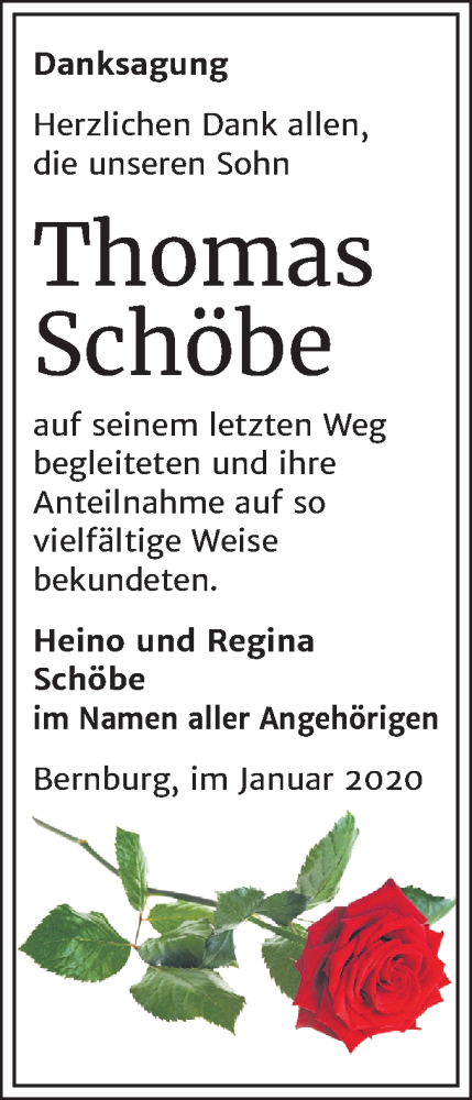  Traueranzeige für Thomas Schöbe vom 08.02.2020 aus Super Sonntag Bernburg