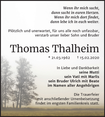 Traueranzeige von Thomas Thalheim von Wochenspiegel Naumburg/Nebra