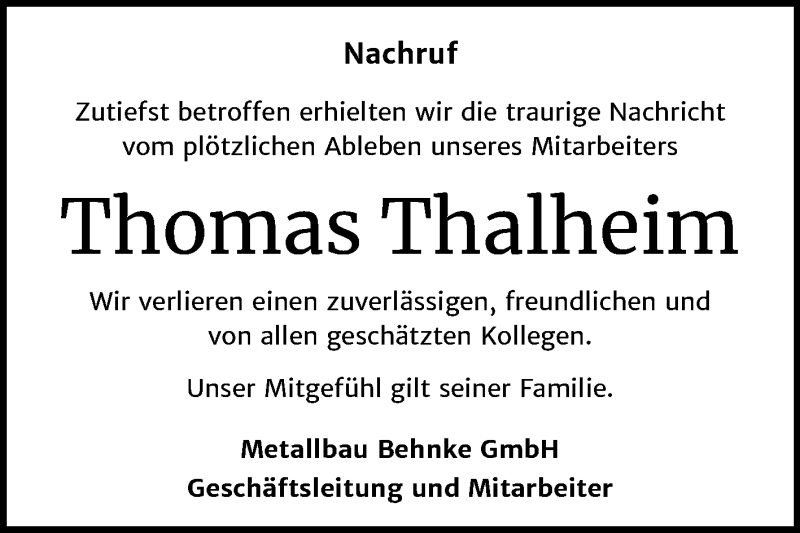  Traueranzeige für Thomas Thalheim vom 29.02.2020 aus Mitteldeutsche Zeitung Naumburg/Nebra