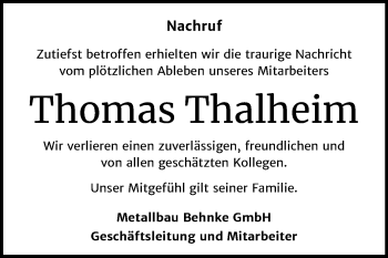Traueranzeige von Thomas Thalheim von Mitteldeutsche Zeitung Naumburg/Nebra