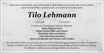 Traueranzeige von Tilo Lehmann von Mitteldeutsche Zeitung Bitterfeld