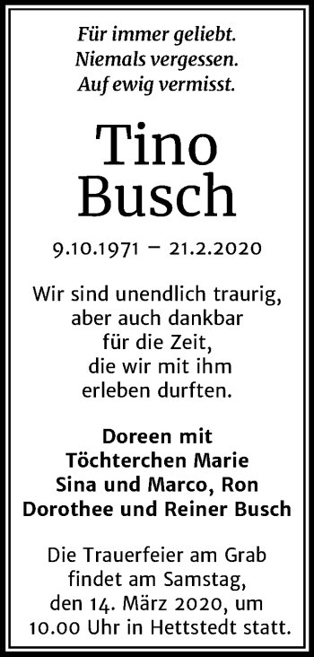 Traueranzeige von Tino Busch von Mitteldeutsche Zeitung Mansfelder Land
