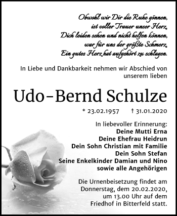 Traueranzeige von Udo-Bernd Schulze von Mitteldeutsche Zeitung Bitterfeld