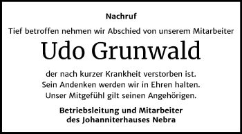 Traueranzeige von Udo Grunwald von Wochenspiegel Naumburg/Nebra