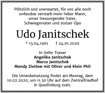 Traueranzeige von Udo Janitschek von Mitteldeutsche Zeitung Quedlinburg