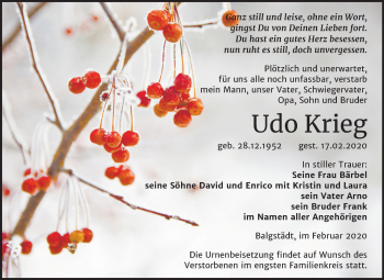 Traueranzeige von Udo Krieg von Wochenspiegel Naumburg/Nebra