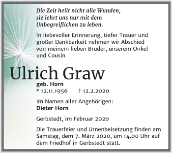 Traueranzeige von Ulrich Graw von Wochenspiegel Mansfelder Land
