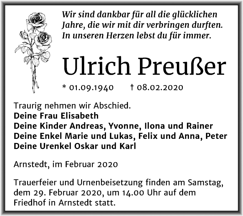 Traueranzeige für Ulrich Preußer vom 19.02.2020 aus Wochenspiegel Mansfelder Land