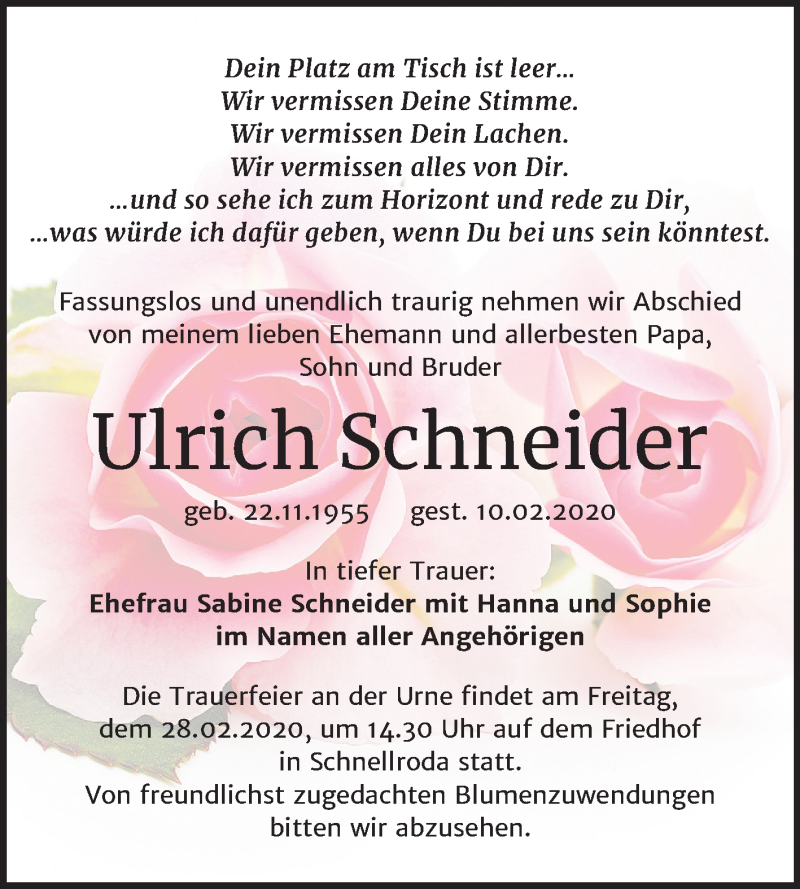  Traueranzeige für Ulrich Schneider vom 22.02.2020 aus Super Sonntag Merseburg/Querfurt