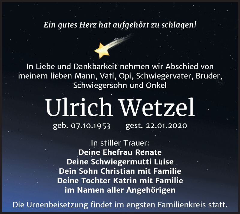  Traueranzeige für Ulrich Wetzel vom 05.02.2020 aus Wochenspiegel Bitterfeld