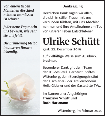 Traueranzeige von Ulrike Schütt von Super Sonntag Wittenberg