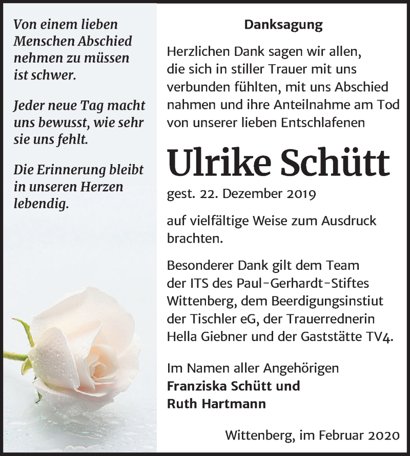  Traueranzeige für Ulrike Schütt vom 01.02.2020 aus Mitteldeutsche Zeitung Wittenberg