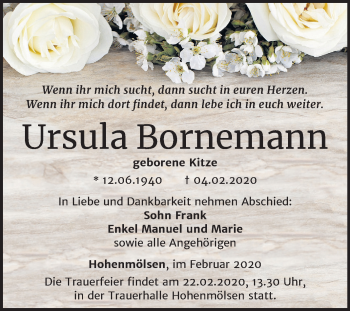 Traueranzeige von Ursula Bornemann von Wochenspiegel Weißenfels