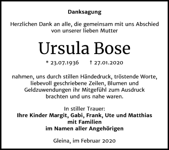 Traueranzeige von Ursula Bose von Wochenspiegel Naumburg/Nebra