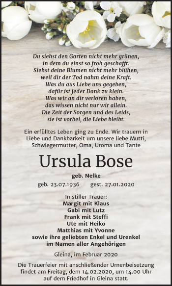 Traueranzeige von Ursula Bose von Wochenspiegel Naumburg/Nebra