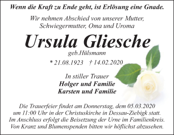 Traueranzeige von Ursula Gliesche von Mitteldeutsche Zeitung Dessau-Roßlau