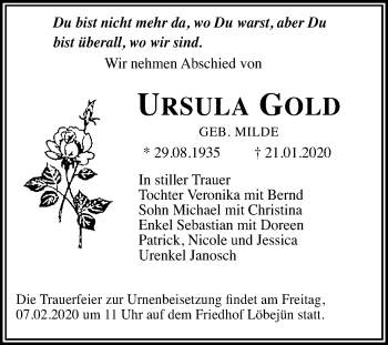 Traueranzeige von Ursula Gold von Mitteldeutsche Zeitung Halle/Saalkreis