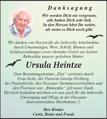 Traueranzeige von Ursula Heintze von Mitteldeutsche Zeitung Dessau-Roßlau