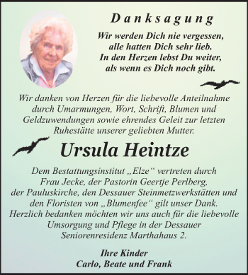Traueranzeige von Ursula Heintze von Super Sonntag Dessau-Roßlau