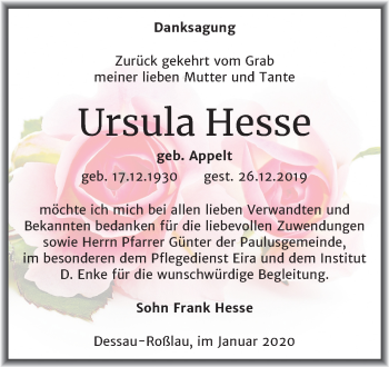 Traueranzeige von Ursula Hesse von Mitteldeutsche Zeitung Dessau-Roßlau