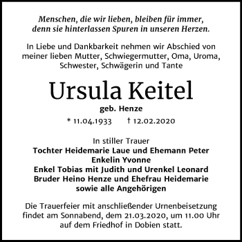 Traueranzeige von Ursula Keitel von Super Sonntag Wittenberg