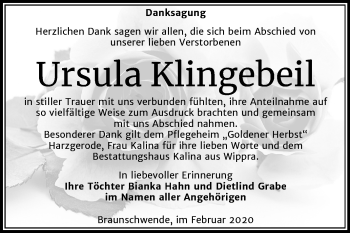 Traueranzeige von Ursula Klingebeil von Mitteldeutsche Zeitung Mansfelder Land