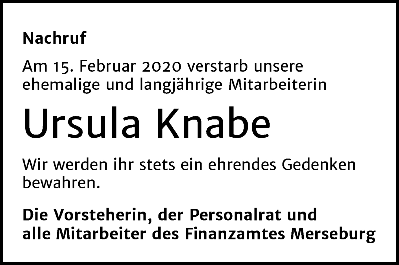  Traueranzeige für Ursula Knabe vom 22.02.2020 aus Mitteldeutsche Zeitung Merseburg/Querfurt