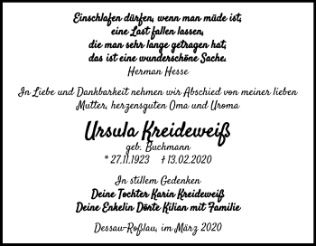 Traueranzeige von Ursula Kreideweiß von Super Sonntag Dessau-Roßlau
