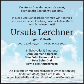 Traueranzeige von Ursula Lerchner von Mitteldeutsche Zeitung Weißenfels