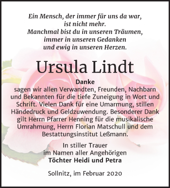 Traueranzeige von Ursula Lindt von Mitteldeutsche Zeitung Dessau-Roßlau