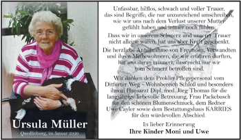 Traueranzeige von Ursula Müller von Mitteldeutsche Zeitung Quedlinburg