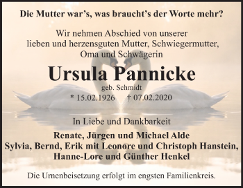 Traueranzeige von Ursula Pannicke von Mitteldeutsche Zeitung Dessau-Roßlau