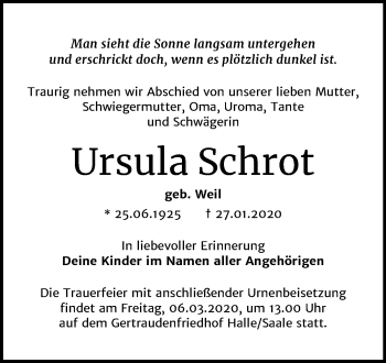 Traueranzeige von Ursula Schrot von Mitteldeutsche Zeitung Halle/Saalkreis